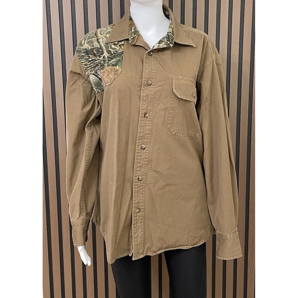 Cabela's Huntig Button Up‎ Shirt Men's M Brown Camo Collared Long Sleeve Cotton